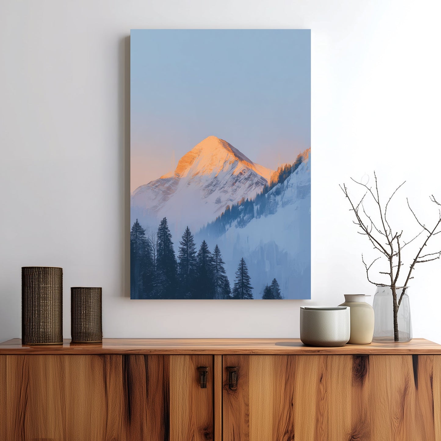 snow-covered mountain at sunrise wall art with pine trees
