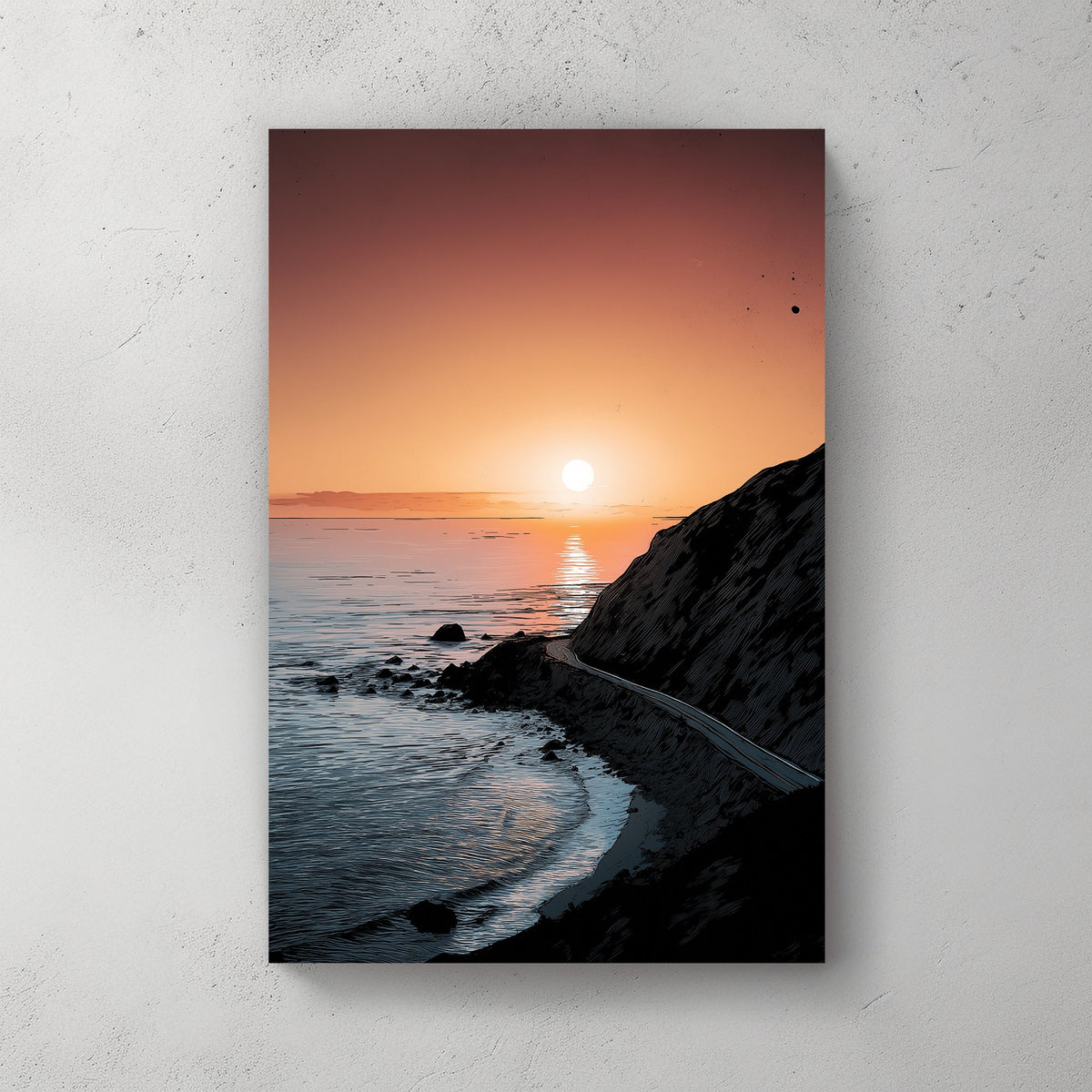 sunset coastal highway landscape wall art with cliff and ocean