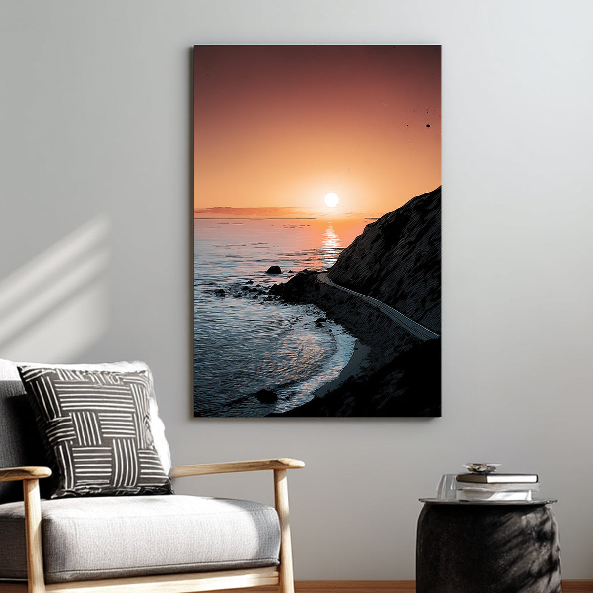 sunset coastal highway landscape wall art with cliff and ocean