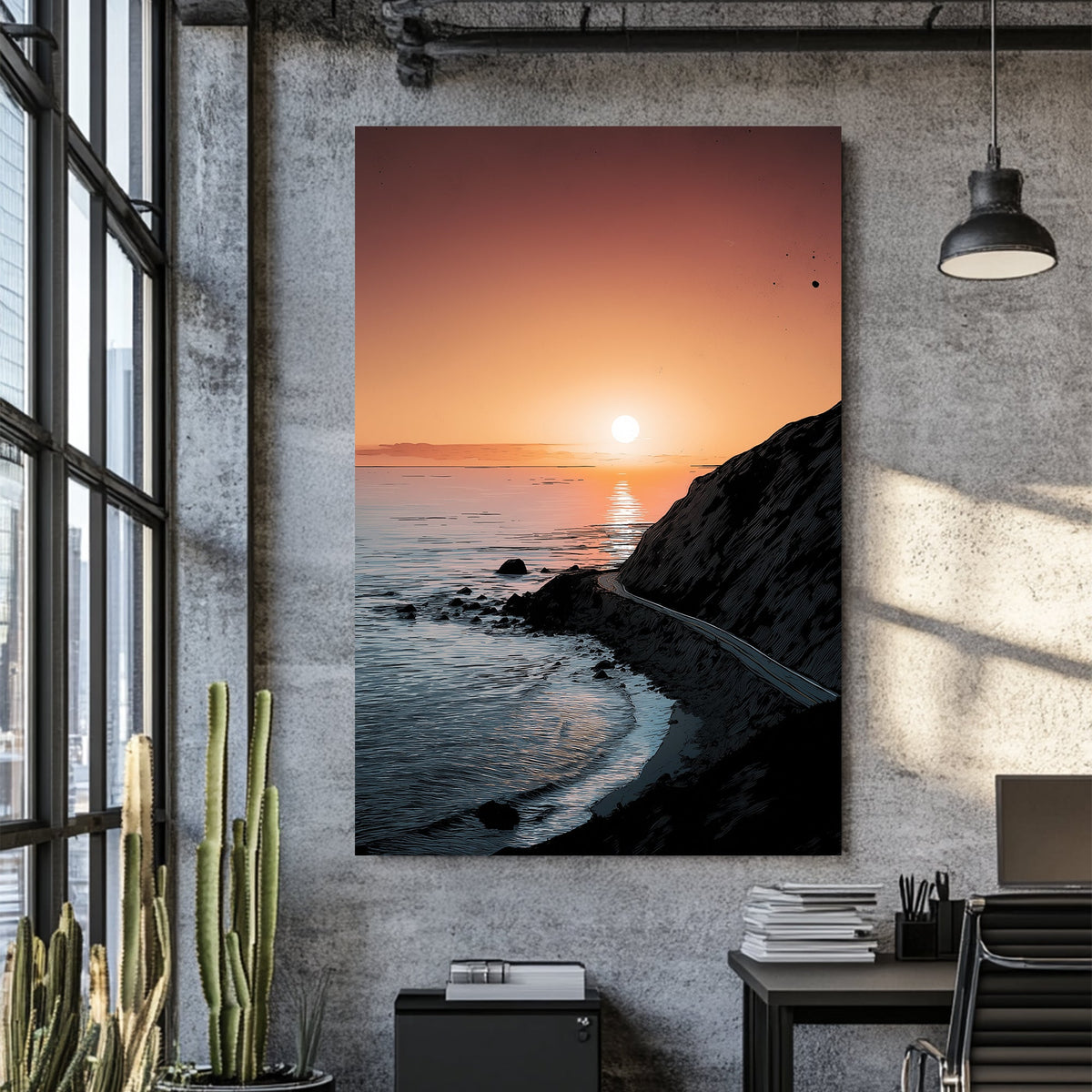 sunset coastal highway landscape wall art with cliff and ocean