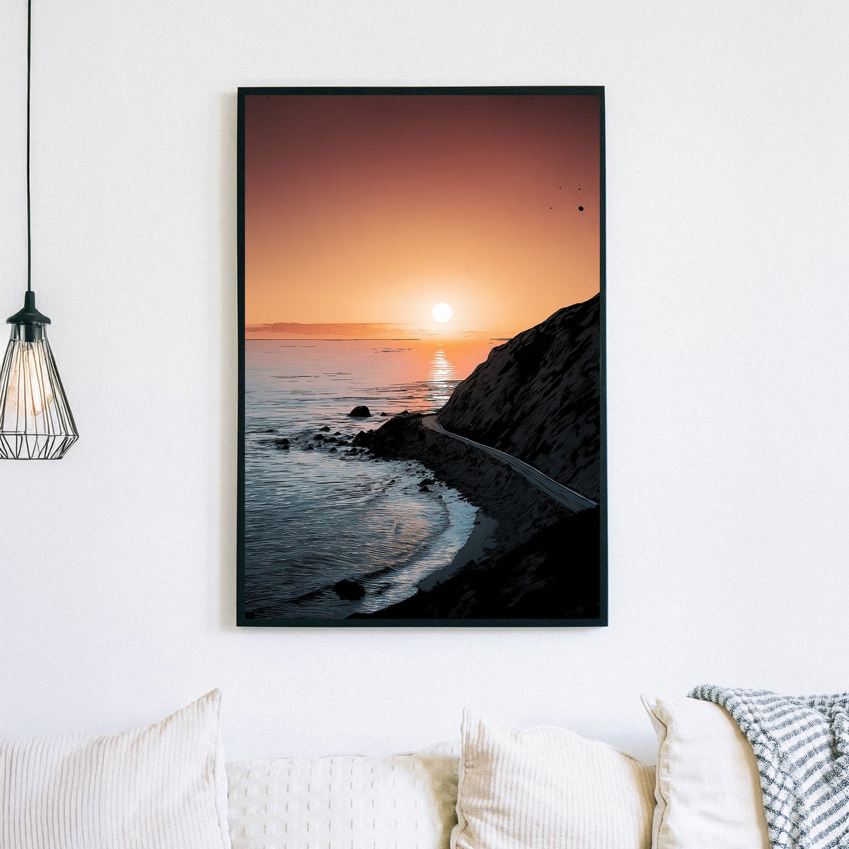 sunset coastal highway landscape wall art with cliff and ocean