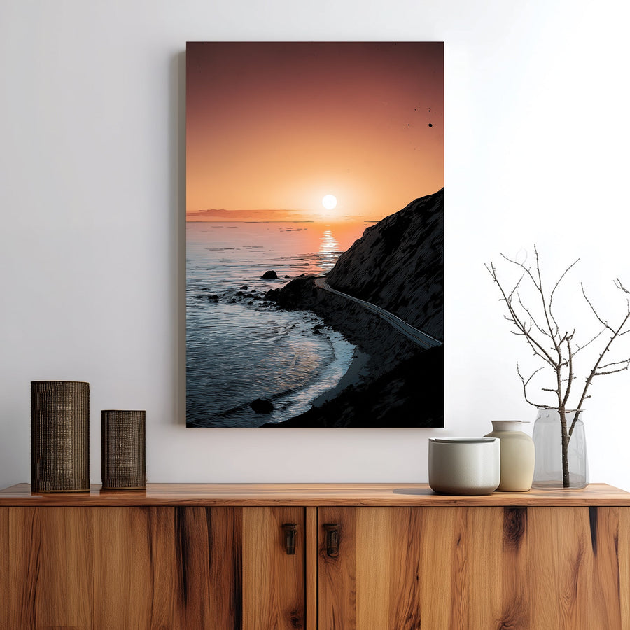 sunset coastal highway landscape wall art with cliff and ocean
