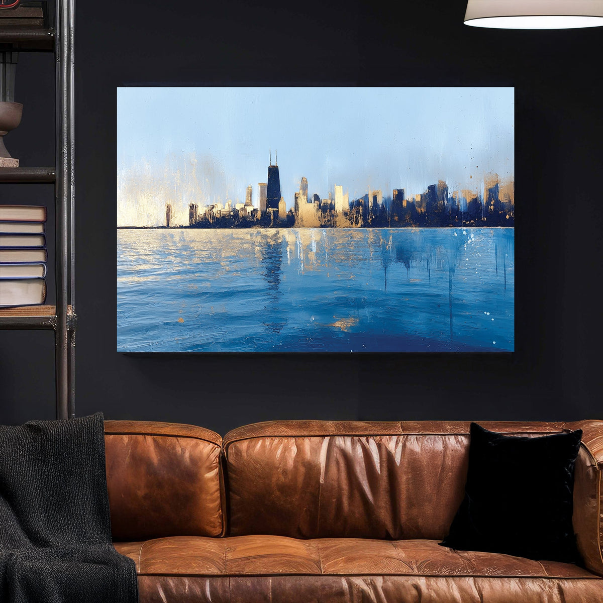 chicago skyline reflection wall art in modern abstract style