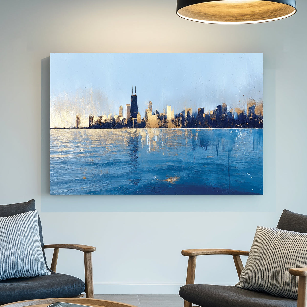 chicago skyline reflection wall art in modern abstract style