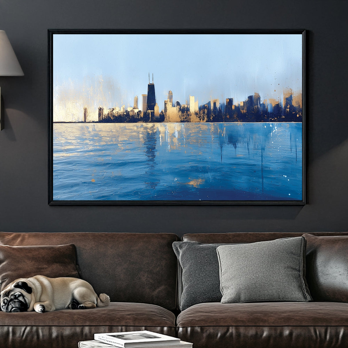 chicago skyline reflection wall art in modern abstract style