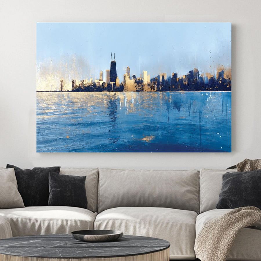chicago skyline reflection wall art in modern abstract style