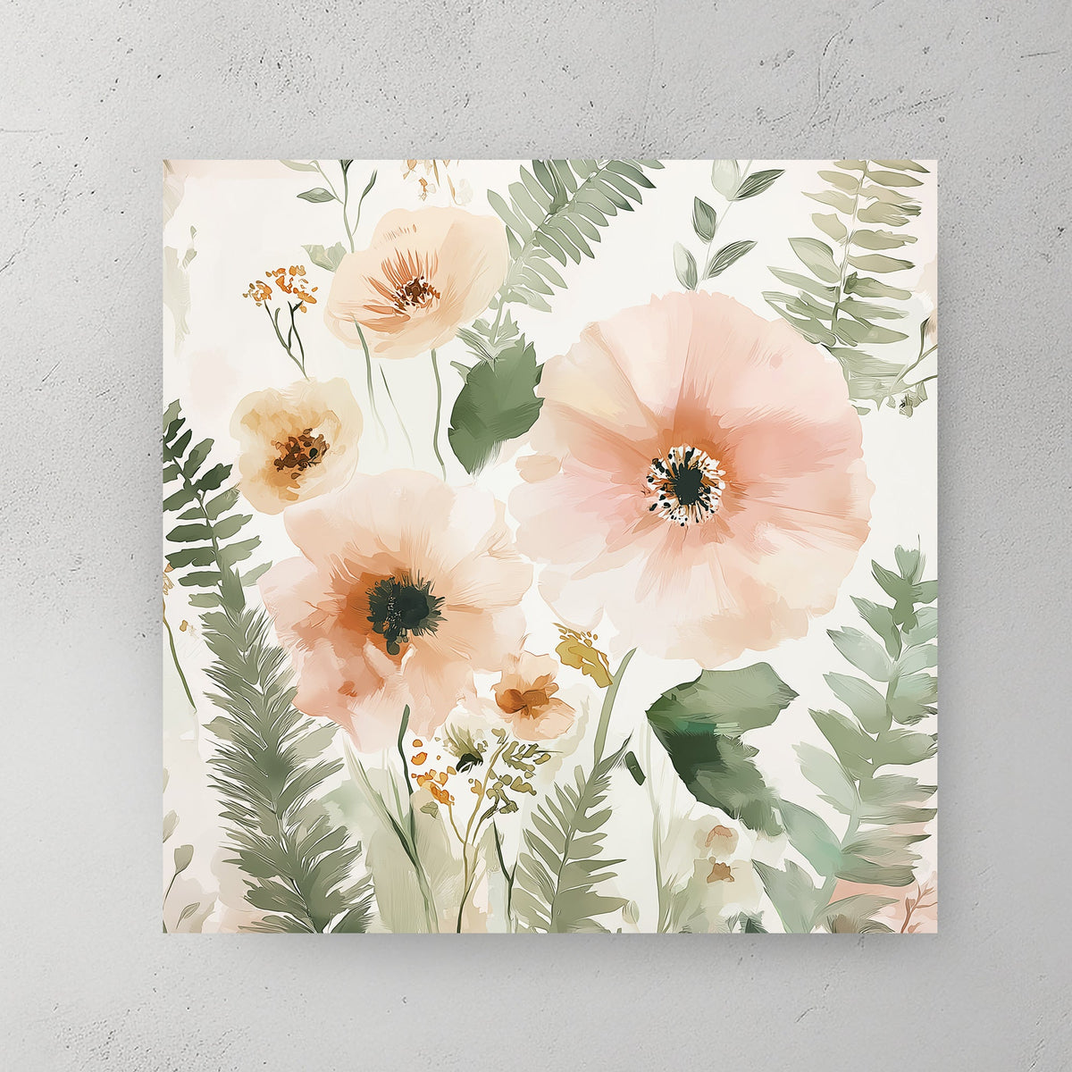 blush floral and leaf pattern wall art with soft green and peach tones