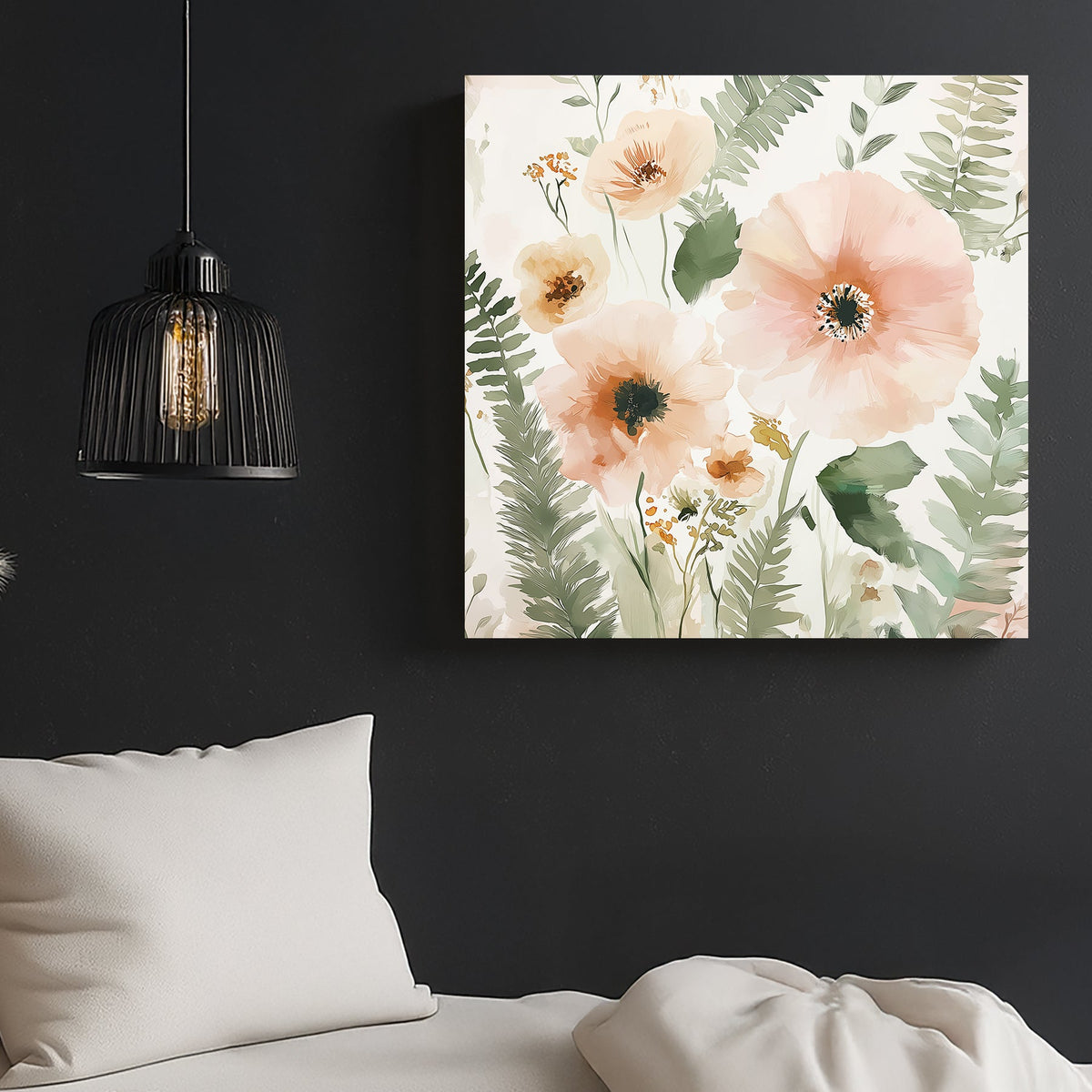 blush floral and leaf pattern wall art with soft green and peach tones
