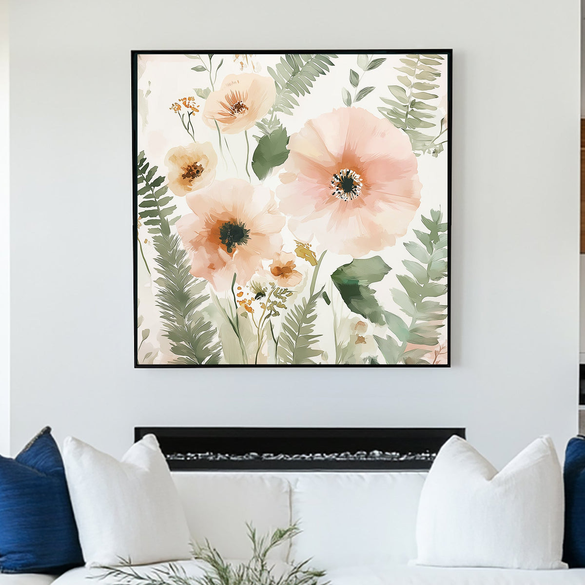 blush floral and leaf pattern wall art with soft green and peach tones