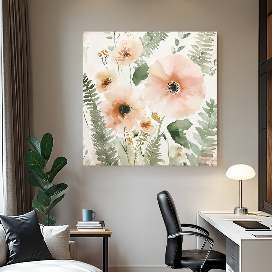 blush floral and leaf pattern wall art with soft green and peach tones