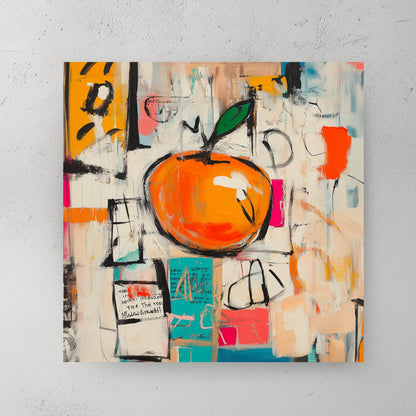 abstract pop art wall art featuring an orange with graffiti-style background