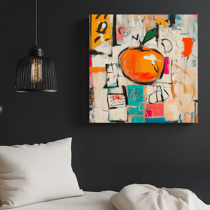 abstract pop art wall art featuring an orange with graffiti-style background