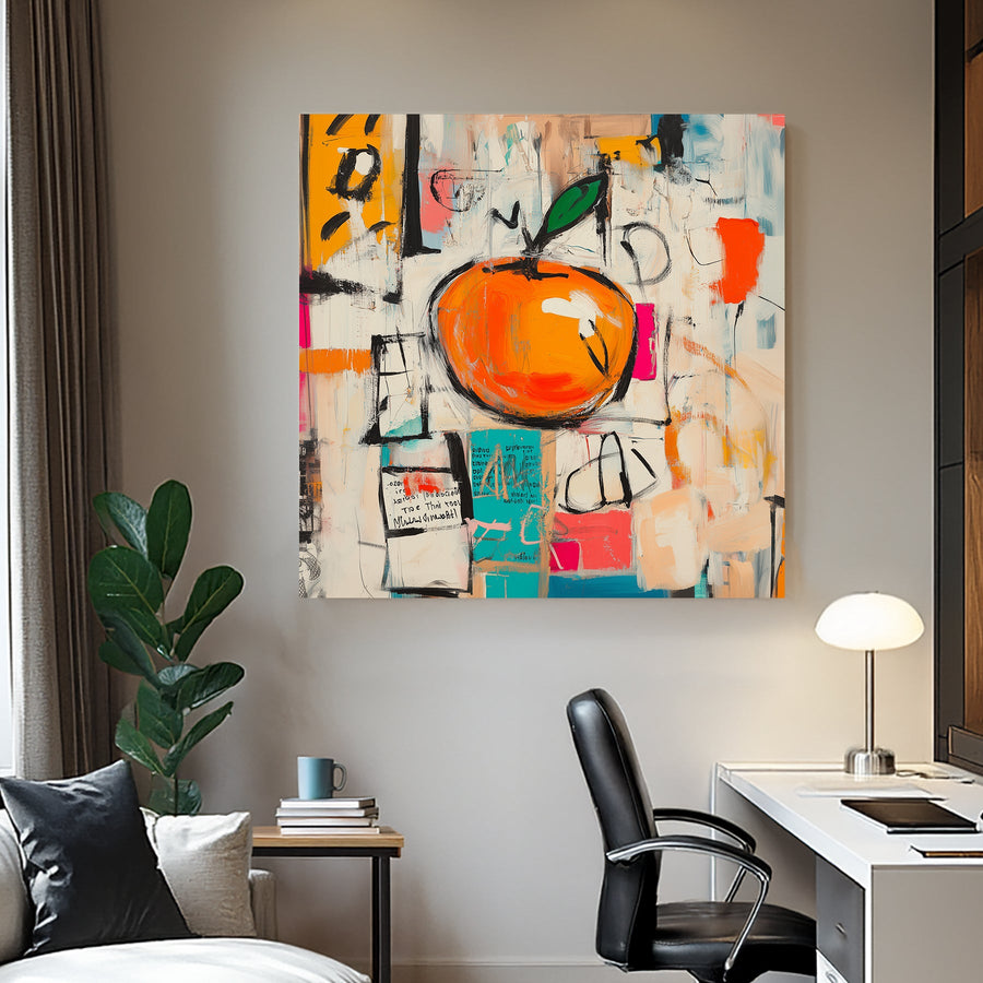 abstract pop art wall art featuring an orange with graffiti-style background