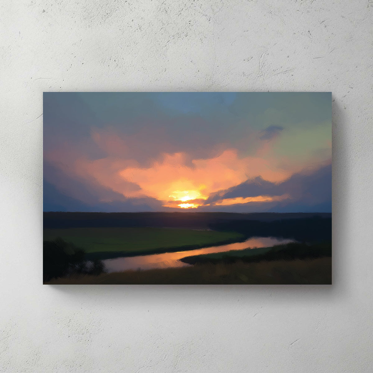 peaceful sunset landscape wall art with river and golden sky