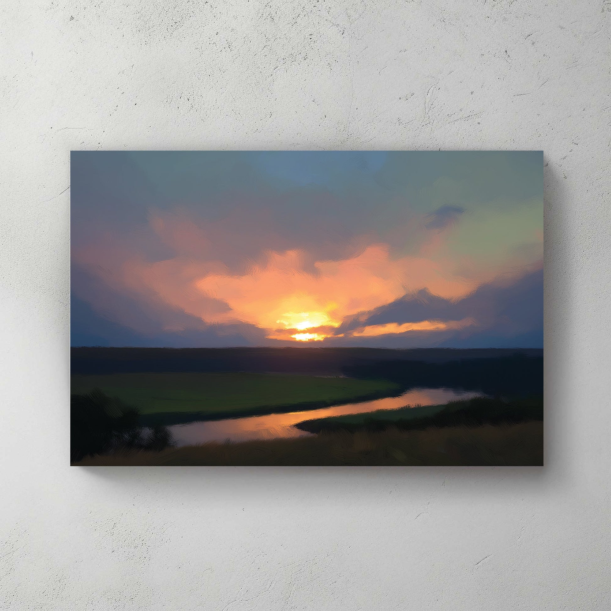 peaceful sunset landscape wall art with river and golden sky
