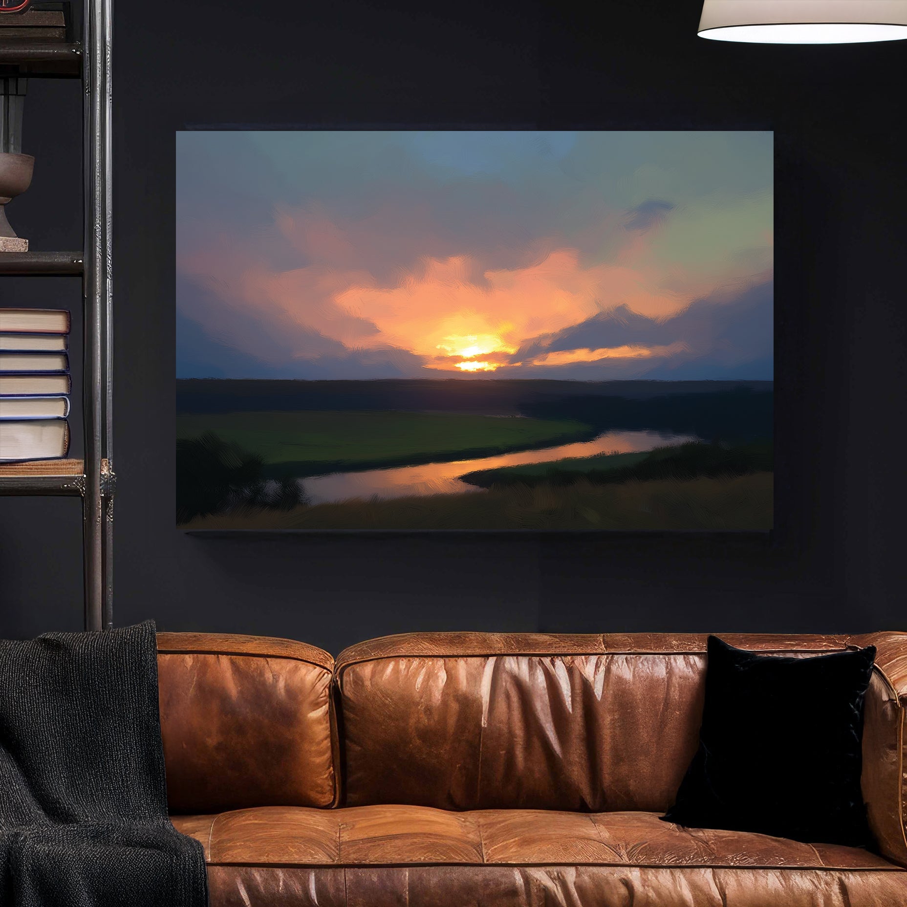 peaceful sunset landscape wall art with river and golden sky