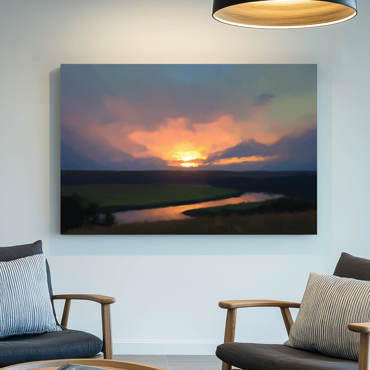 peaceful sunset landscape wall art with river and golden sky