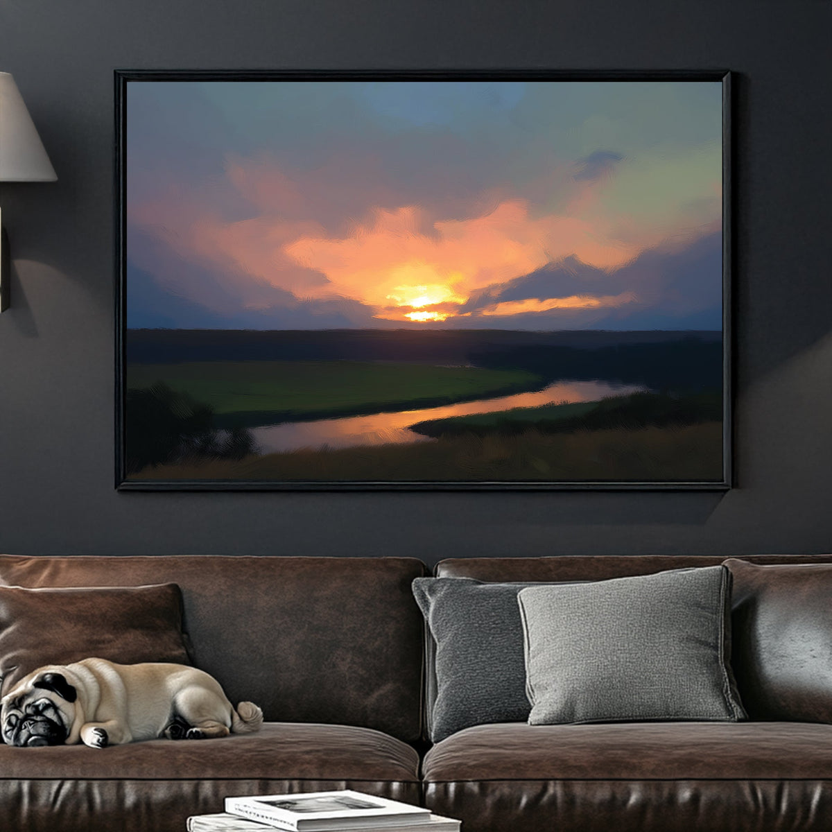 peaceful sunset landscape wall art with river and golden sky