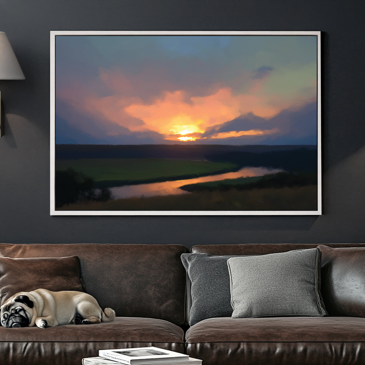 peaceful sunset landscape wall art with river and golden sky