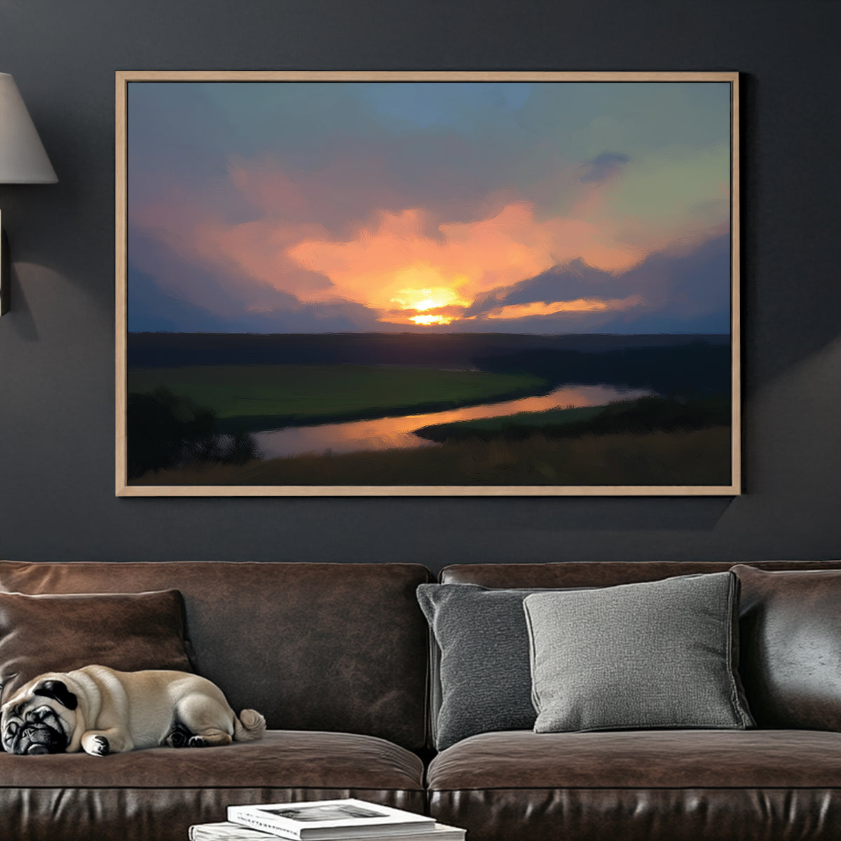 peaceful sunset landscape wall art with river and golden sky