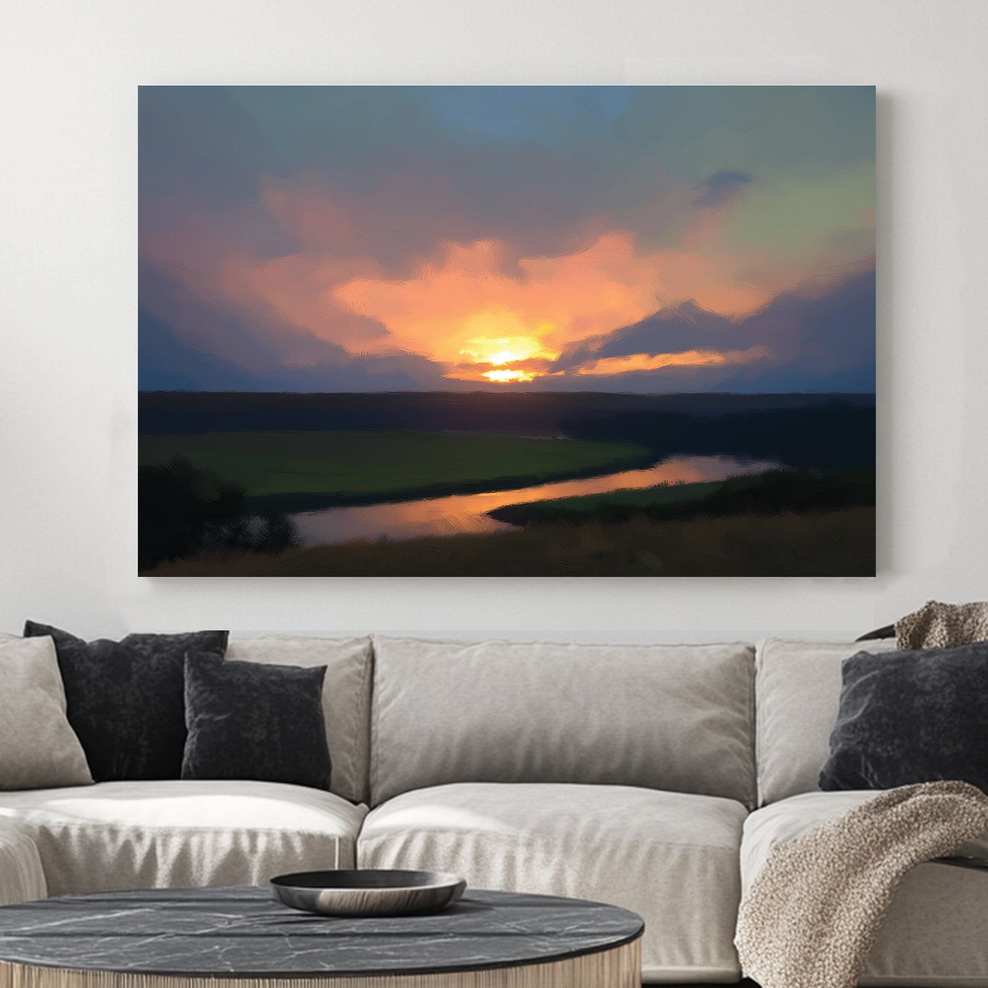 peaceful sunset landscape wall art with river and golden sky