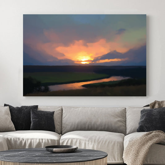 peaceful sunset landscape wall art with river and golden sky