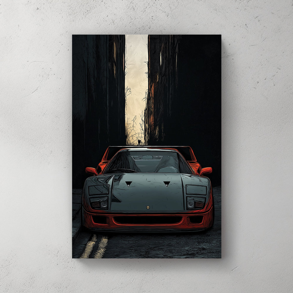ferrari f40 wall art with red sports car in dark alley