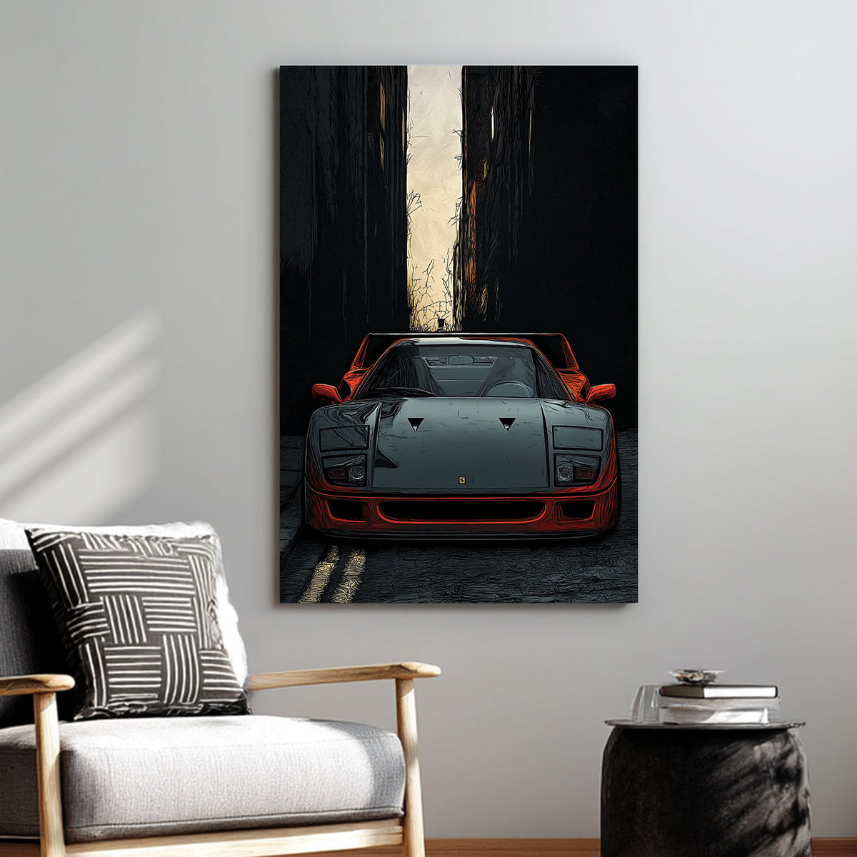 ferrari f40 wall art with red sports car in dark alley