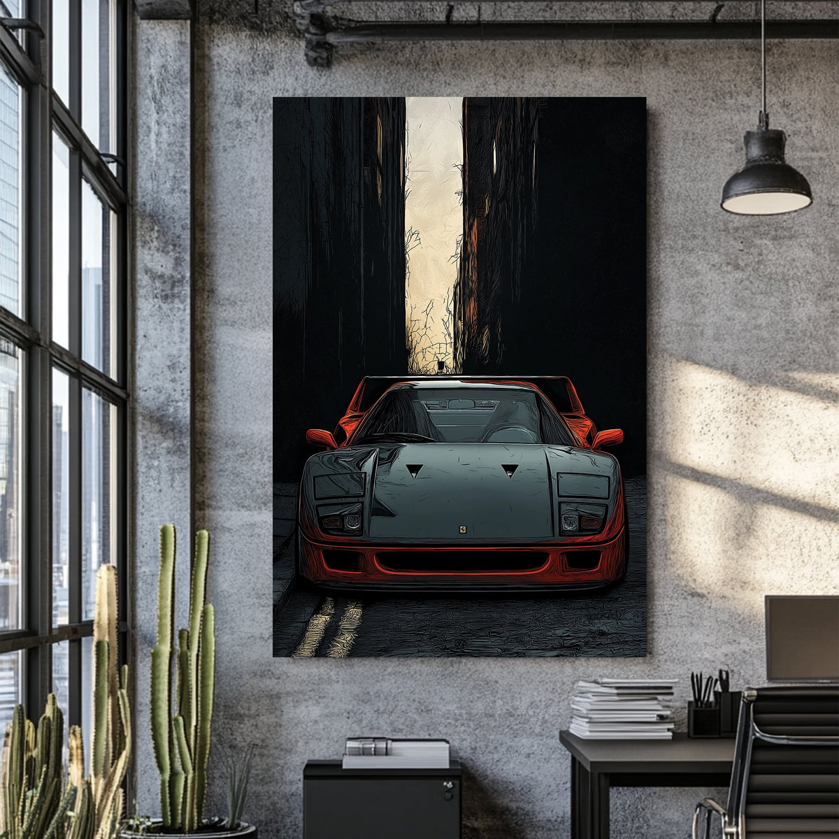 ferrari f40 wall art with red sports car in dark alley