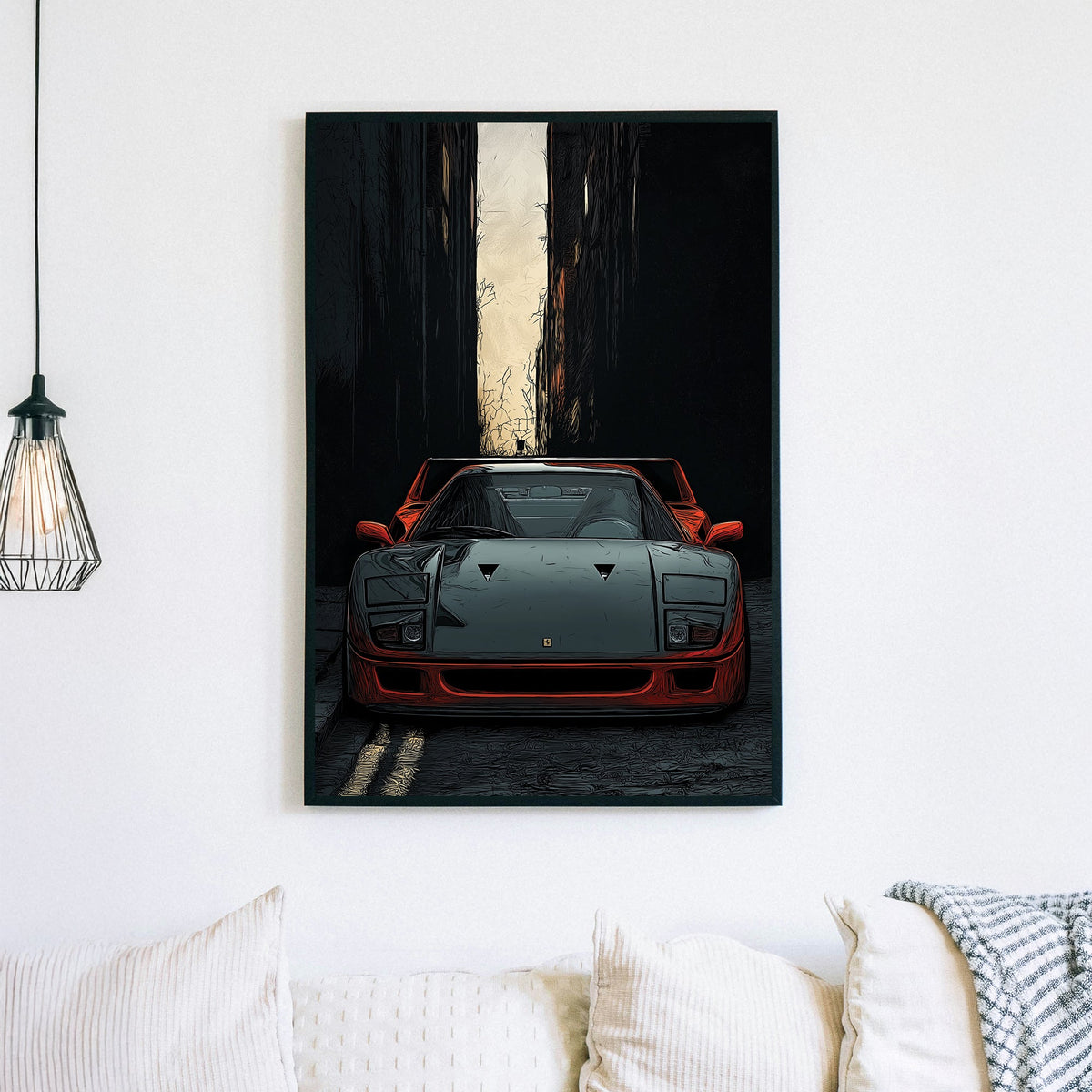 ferrari f40 wall art with red sports car in dark alley