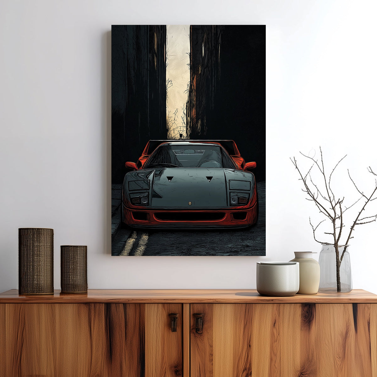 ferrari f40 wall art with red sports car in dark alley
