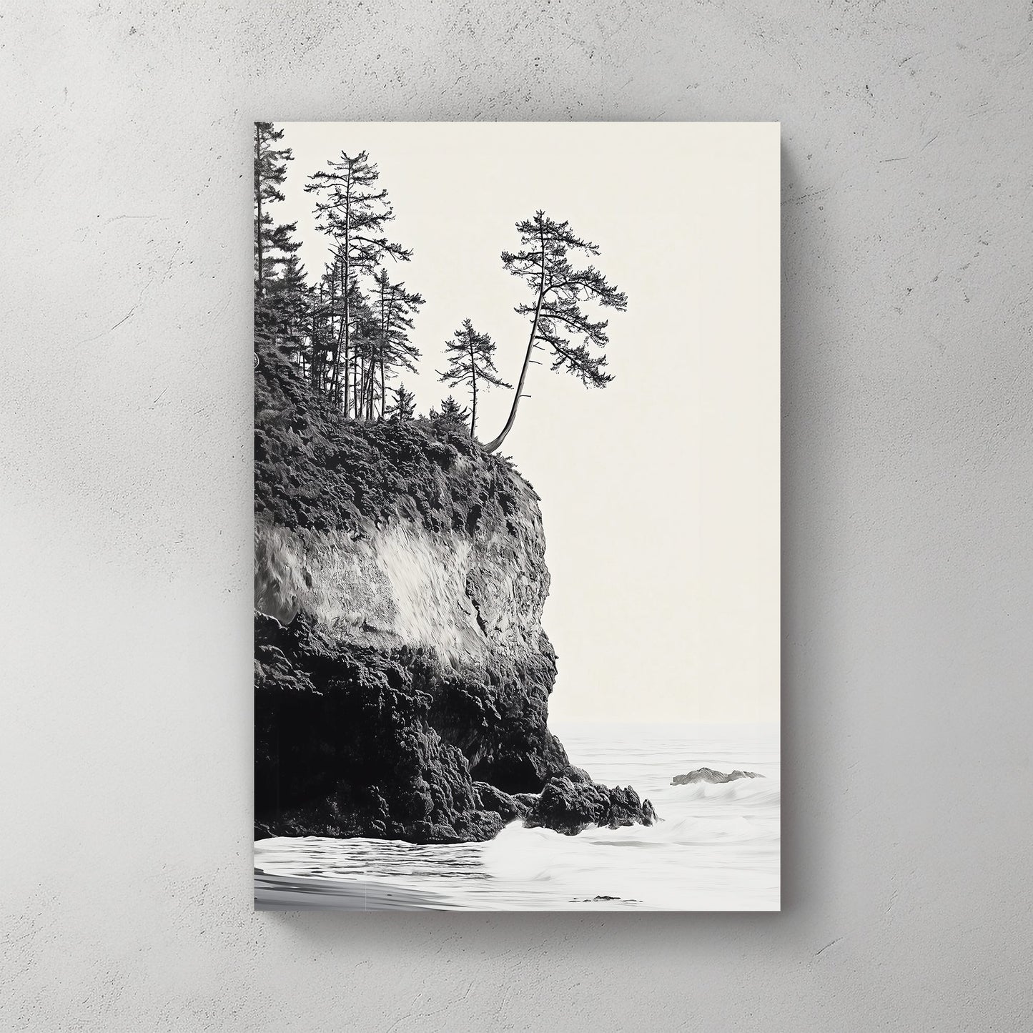 black and white coastal cliff with trees wall art