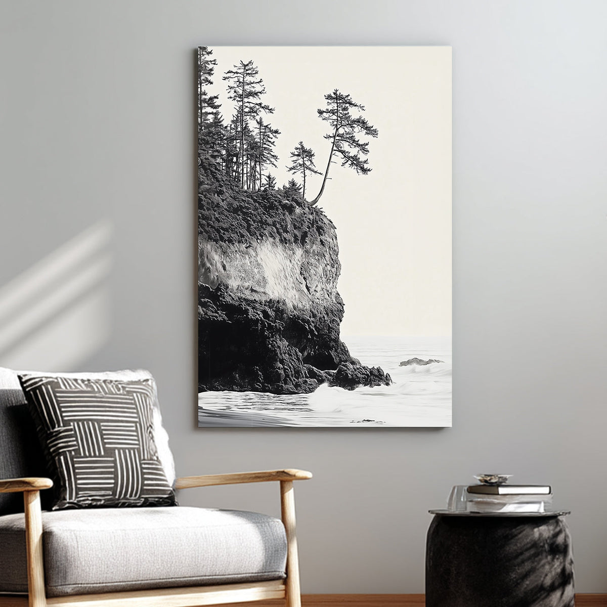 black and white coastal cliff with trees wall art