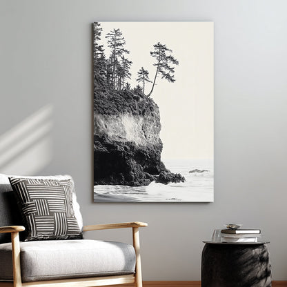 black and white coastal cliff with trees wall art