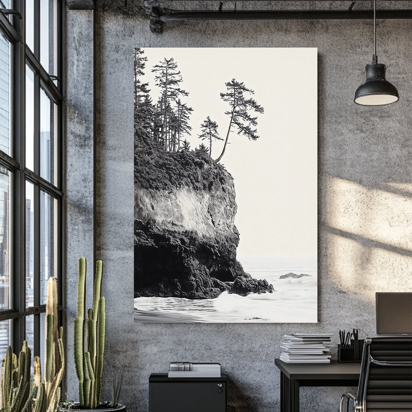 black and white coastal cliff with trees wall art