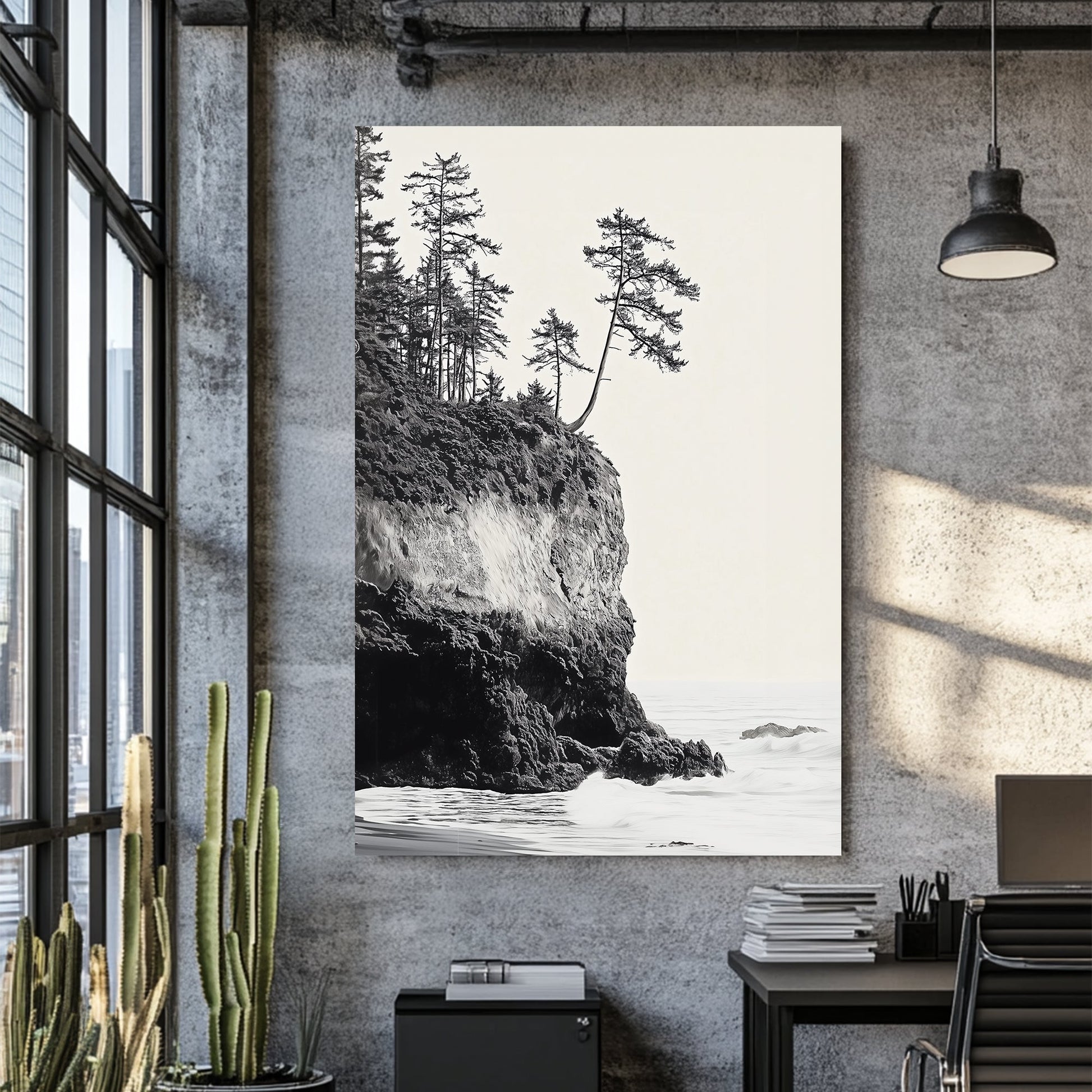 black and white coastal cliff with trees wall art