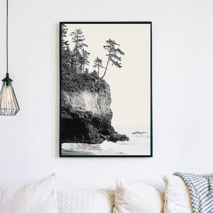 black and white coastal cliff with trees wall art