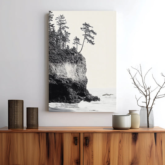 black and white coastal cliff with trees wall art
