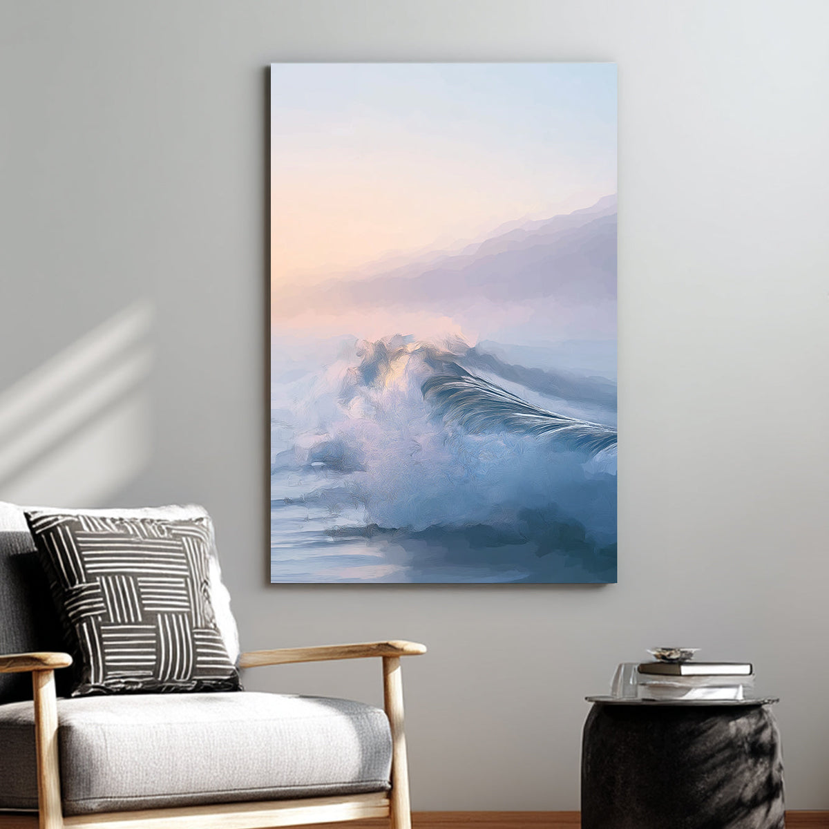 gentle pastel ocean wave wall art at sunrise