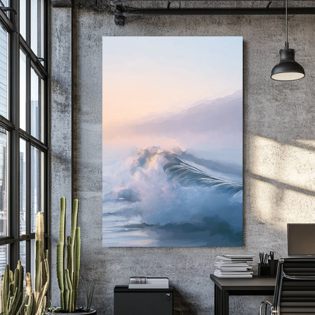 gentle pastel ocean wave wall art at sunrise