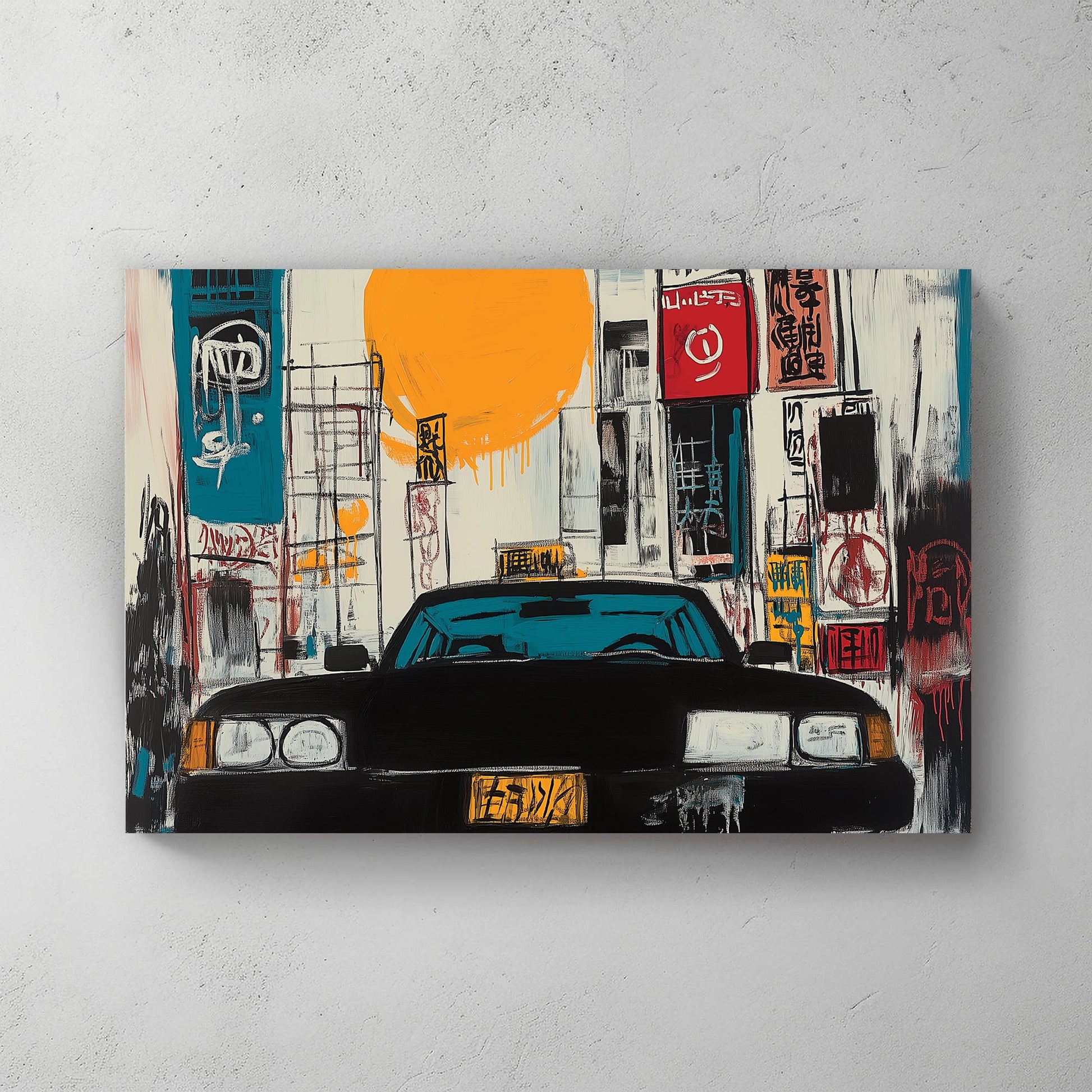 graffiti-style Tokyo taxi wall art with bright sun and neon signs