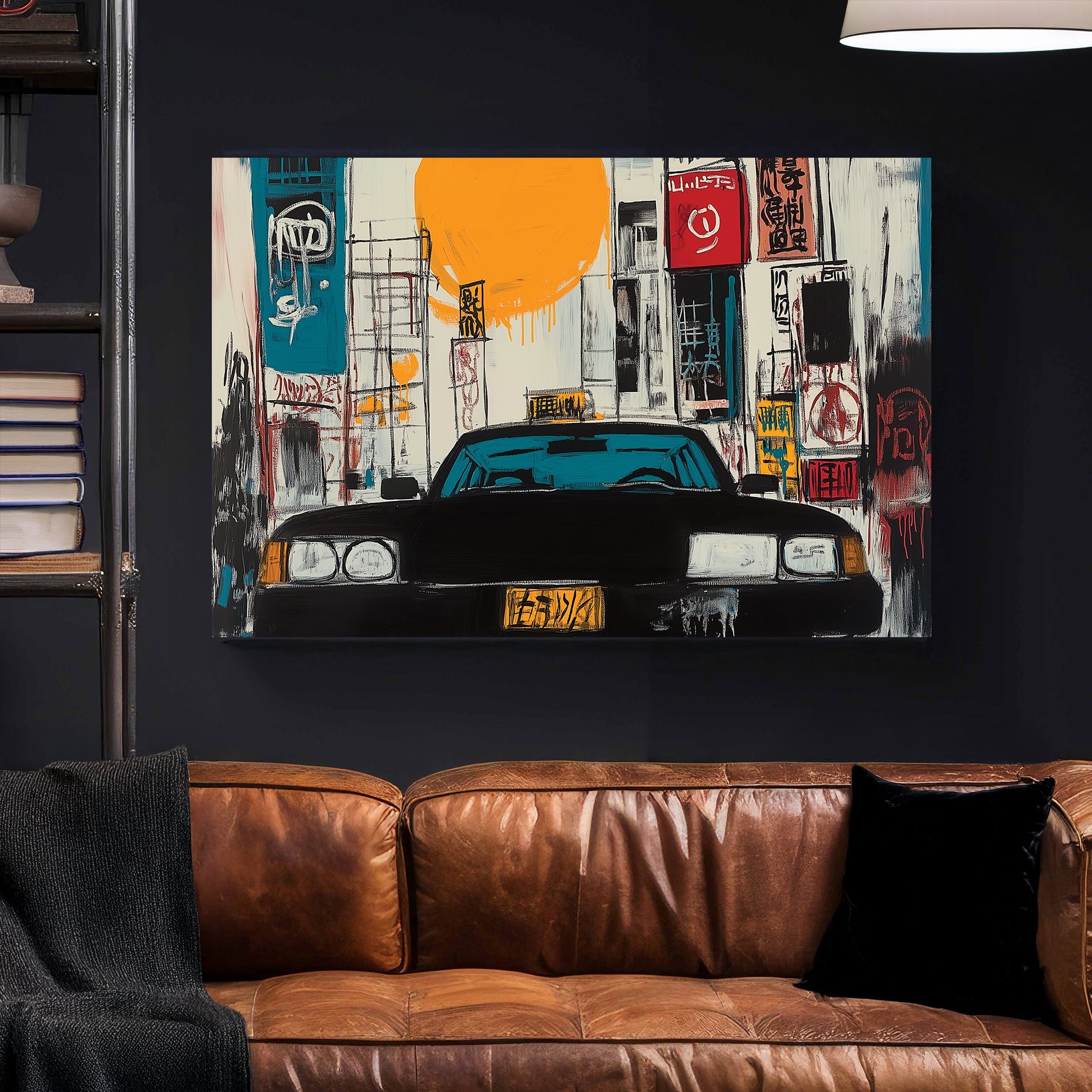 graffiti-style Tokyo taxi wall art with bright sun and neon signs