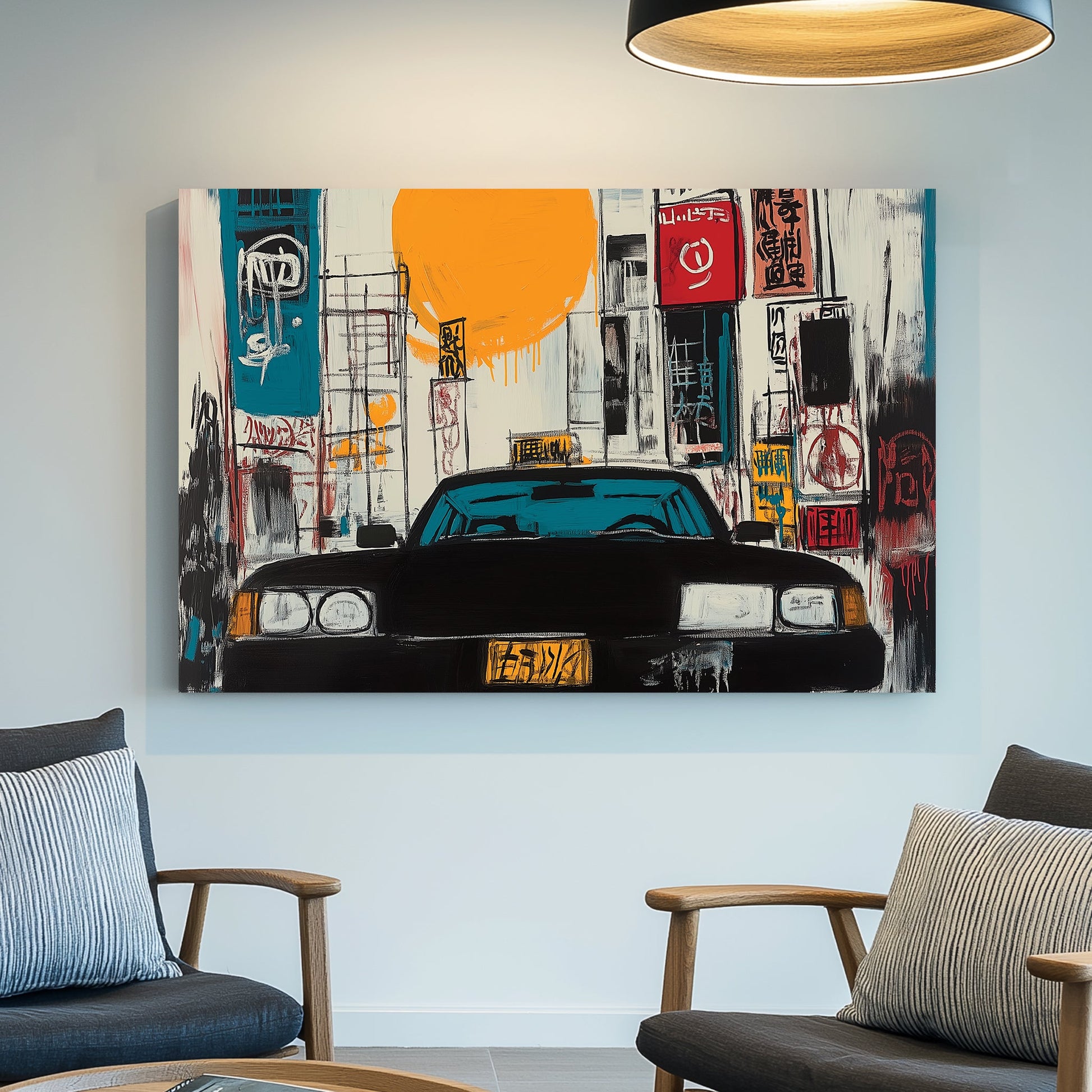 graffiti-style Tokyo taxi wall art with bright sun and neon signs