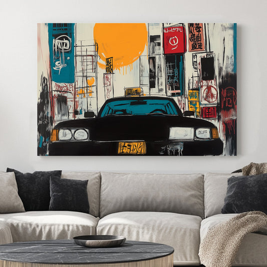 graffiti-style Tokyo taxi wall art with bright sun and neon signs