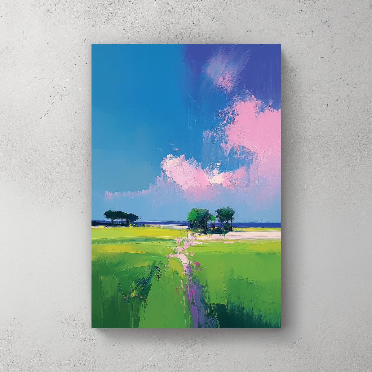 colourful landscape wall art with bright green fields and pink clouds