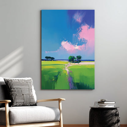 colourful landscape wall art with bright green fields and pink clouds