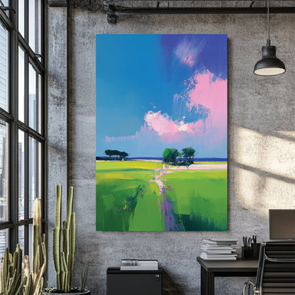 colourful landscape wall art with bright green fields and pink clouds