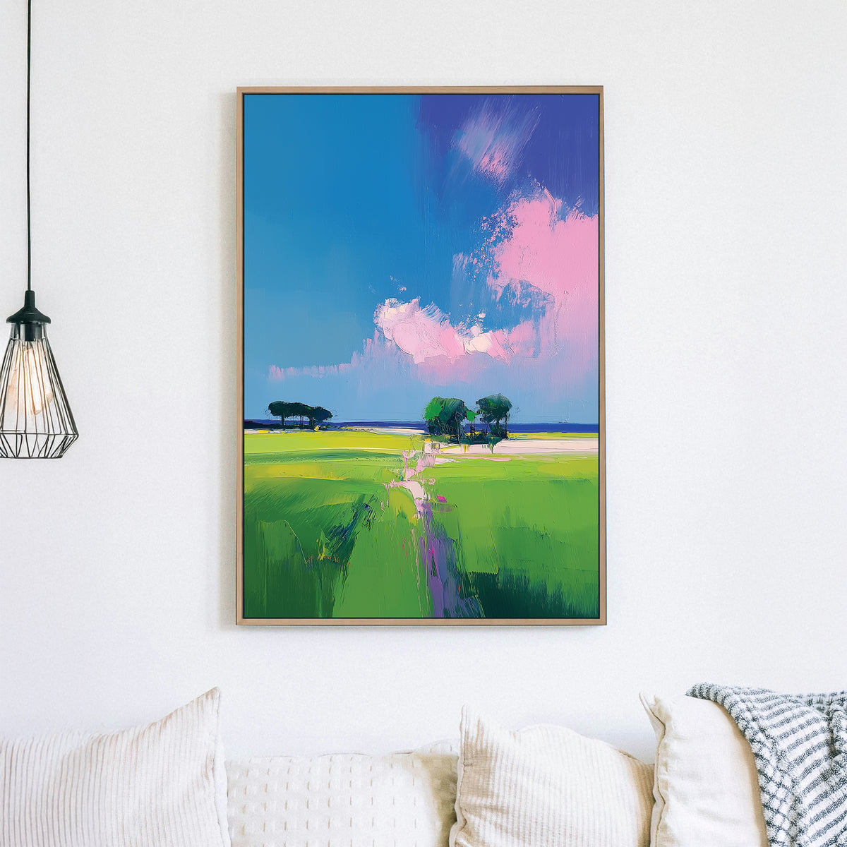colourful landscape wall art with bright green fields and pink clouds
