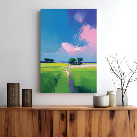 colourful landscape wall art with bright green fields and pink clouds