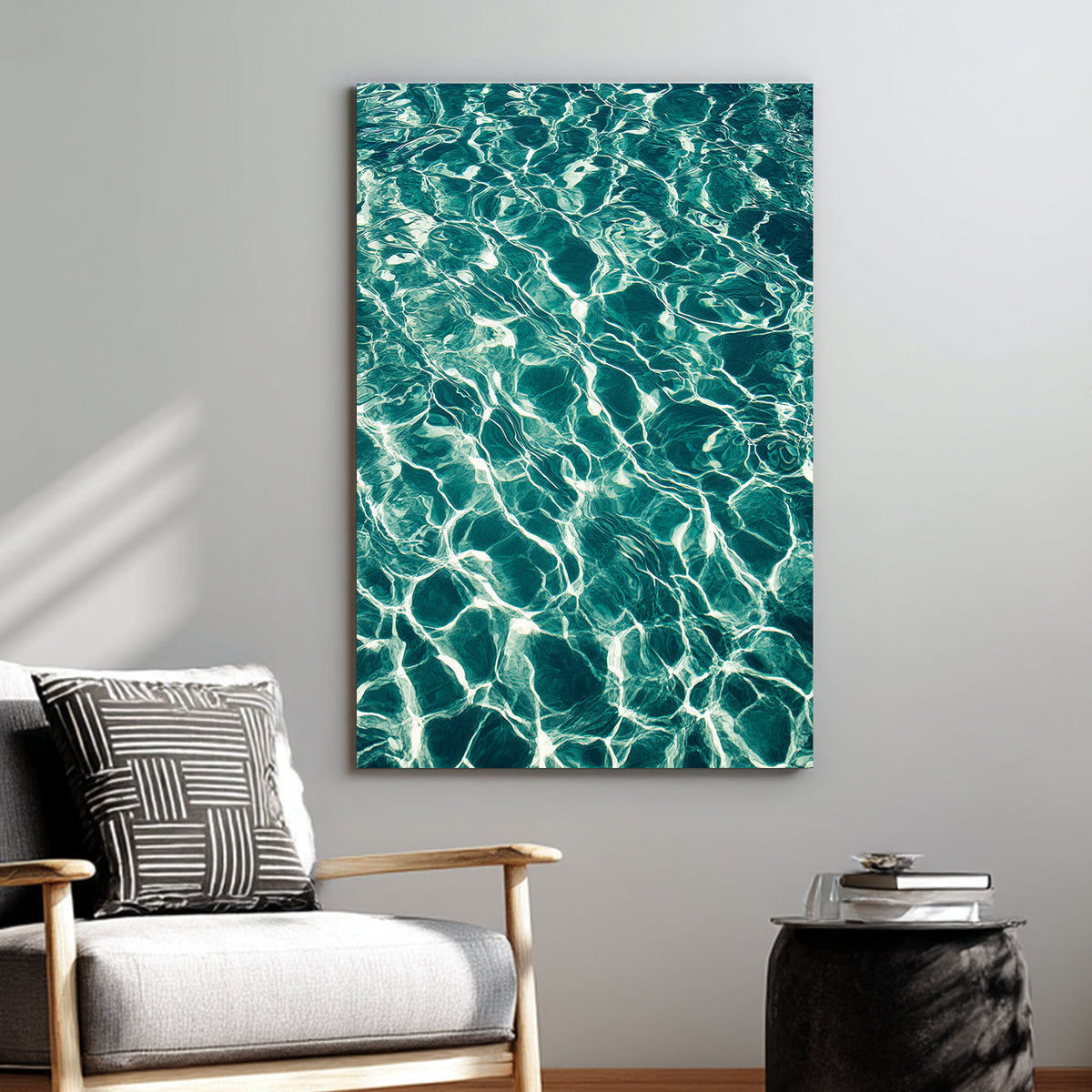 shimmering turquoise water wall art with sun reflections